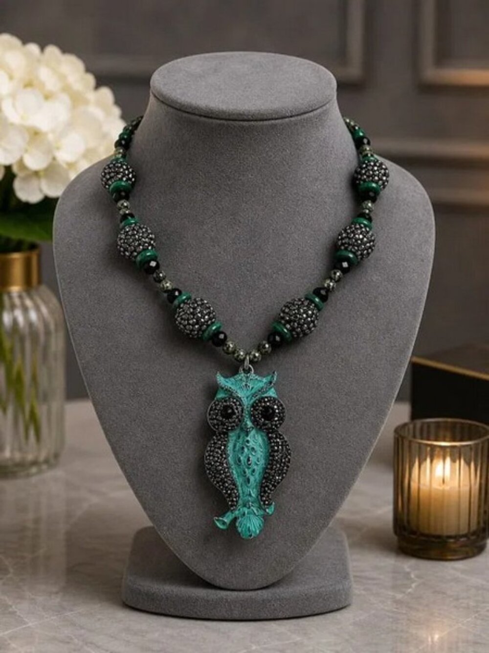 ARTISAN MADE PATINATED AGED GREEN OWL WITH MARCASITE SPARKLE TRIM BEAD NECKLACE